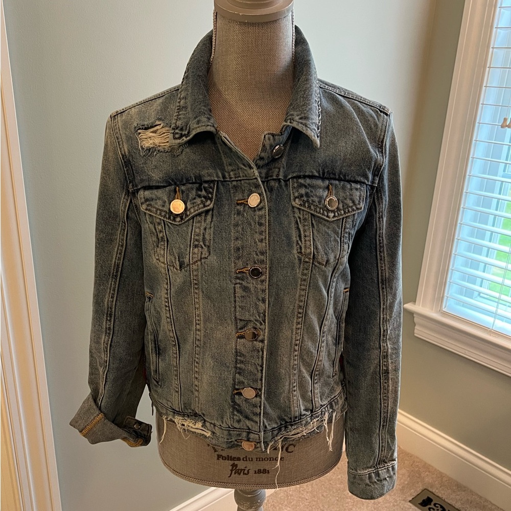 Blanknyc Waist length distressed medium wash blue denim jacket